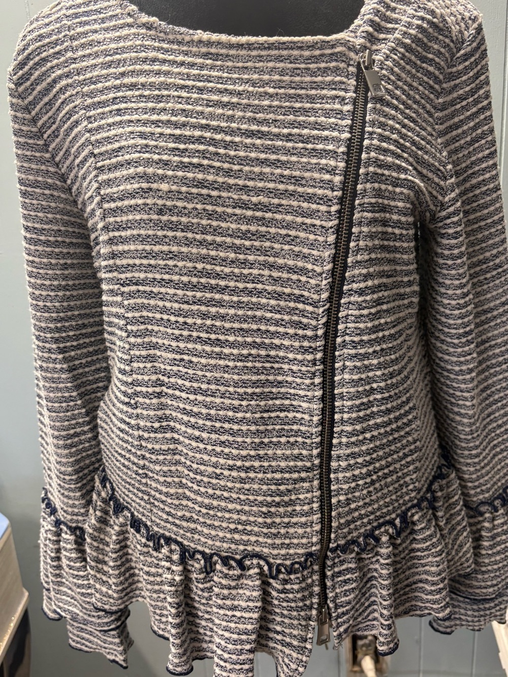NWOT Banana Republic Navy & Cream Striped Ruffle-Hem Knit Jacket